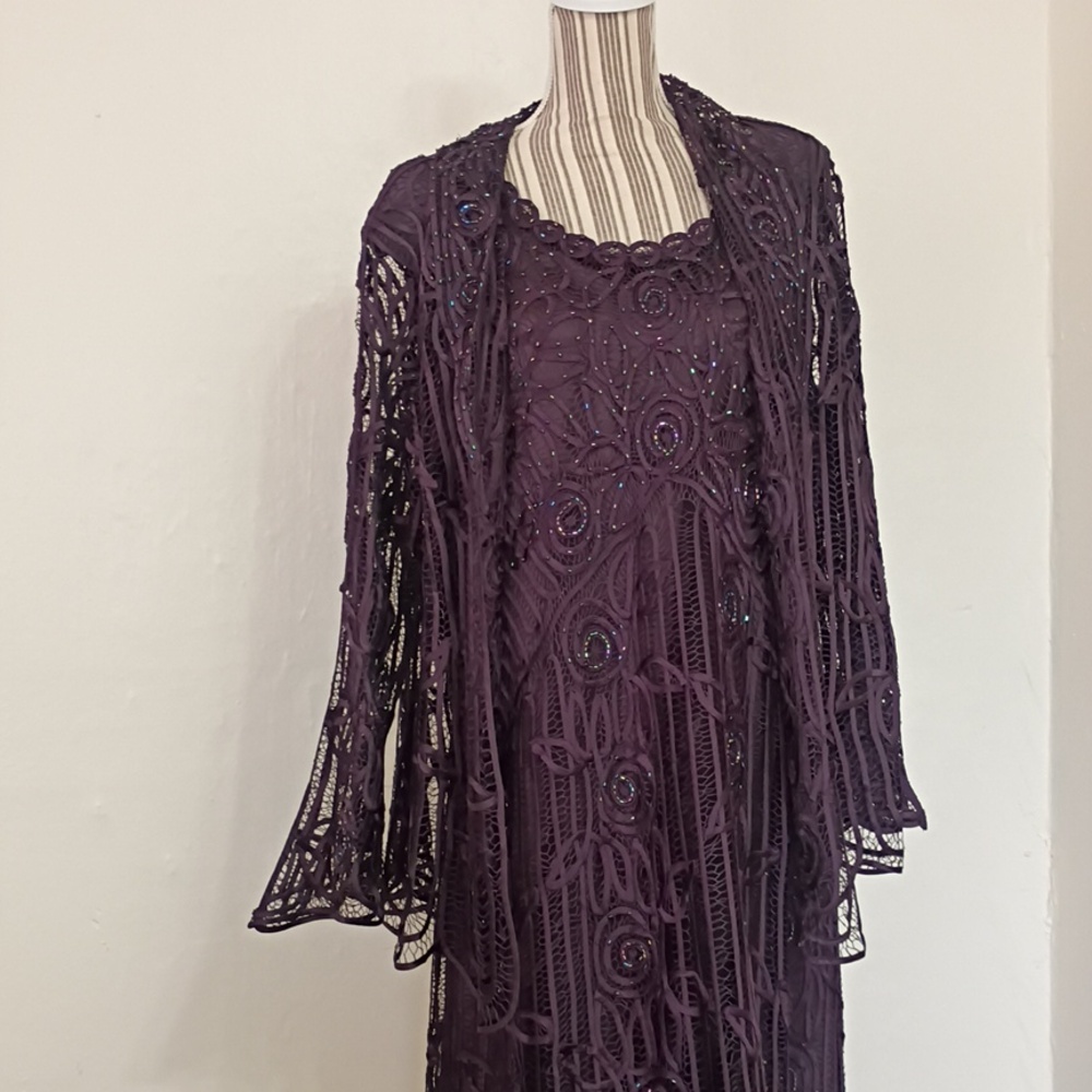 SOULMATES Vintage 2 PC Purple 100% Silk Soutache Beaded Formal Gown w Jacket 2x - Picture 3 of 16